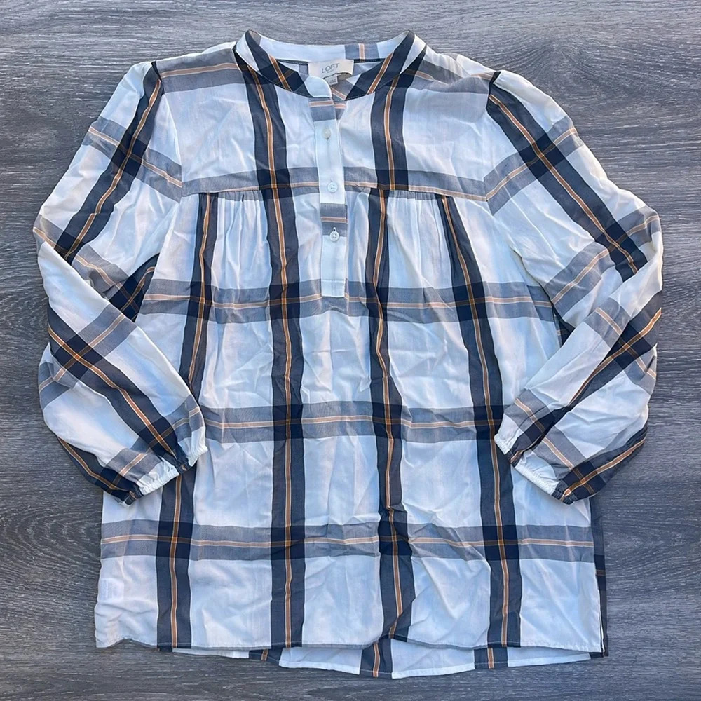 LOFT Plaid Popover Blouse, white